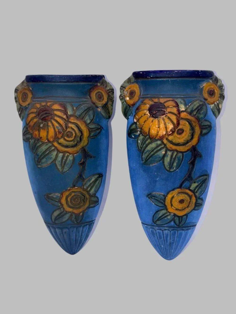 Vintage Japan Floral Wall Pocket Vase Pair Blue Yellow Cottagecore Folk Art 8.25